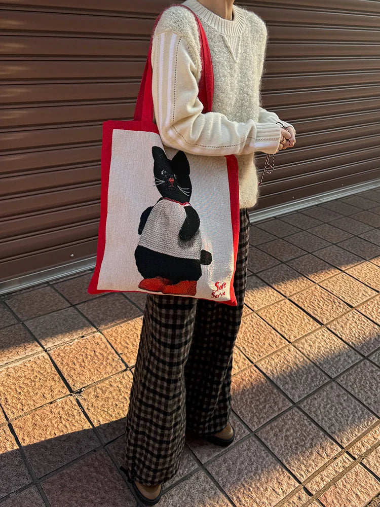 Black Cat & Puppy Woven Canvas Tote Bag - TRLab Shop