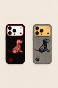 Plaid puppy embroidered phone case by TRLab Shop featuring a cute puppy design on a vibrant plaid background.