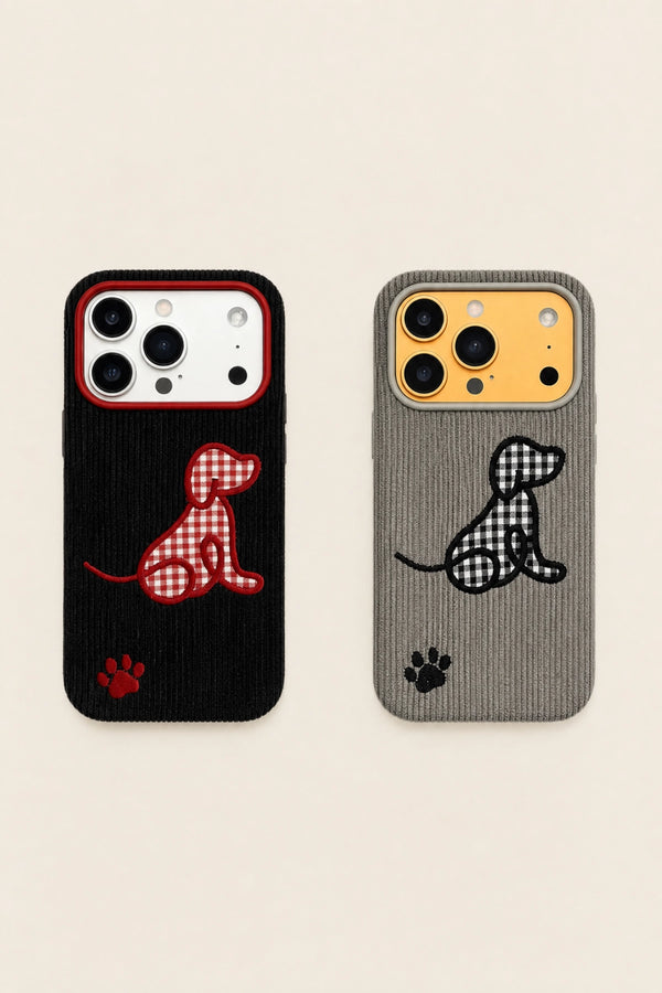 Plaid puppy embroidered phone case by TRLab Shop featuring a cute puppy design on a vibrant plaid background.