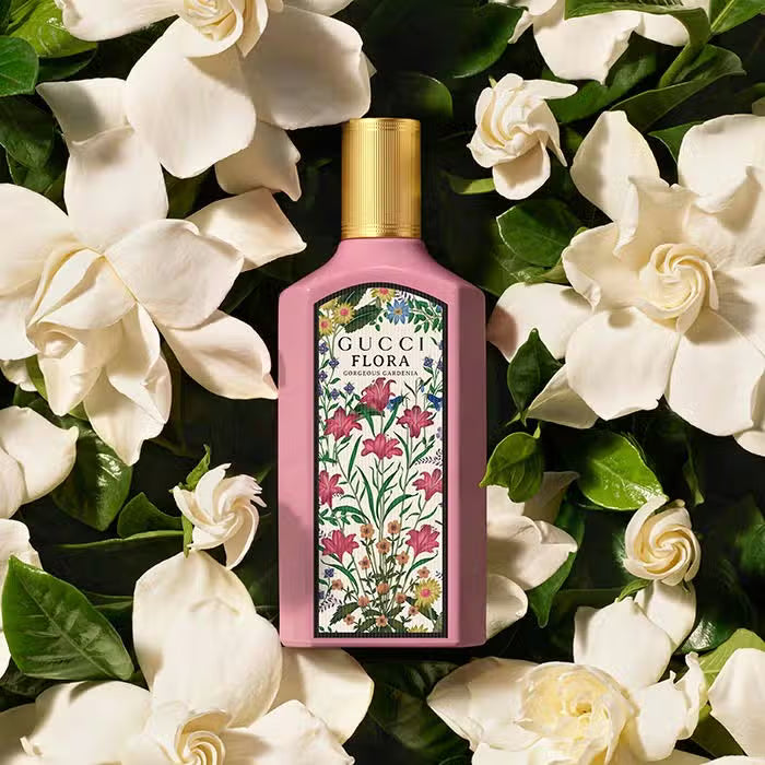 Gucci Flora Gorgeous Gardenia perfume bottle for women with floral design and elegant packaging.