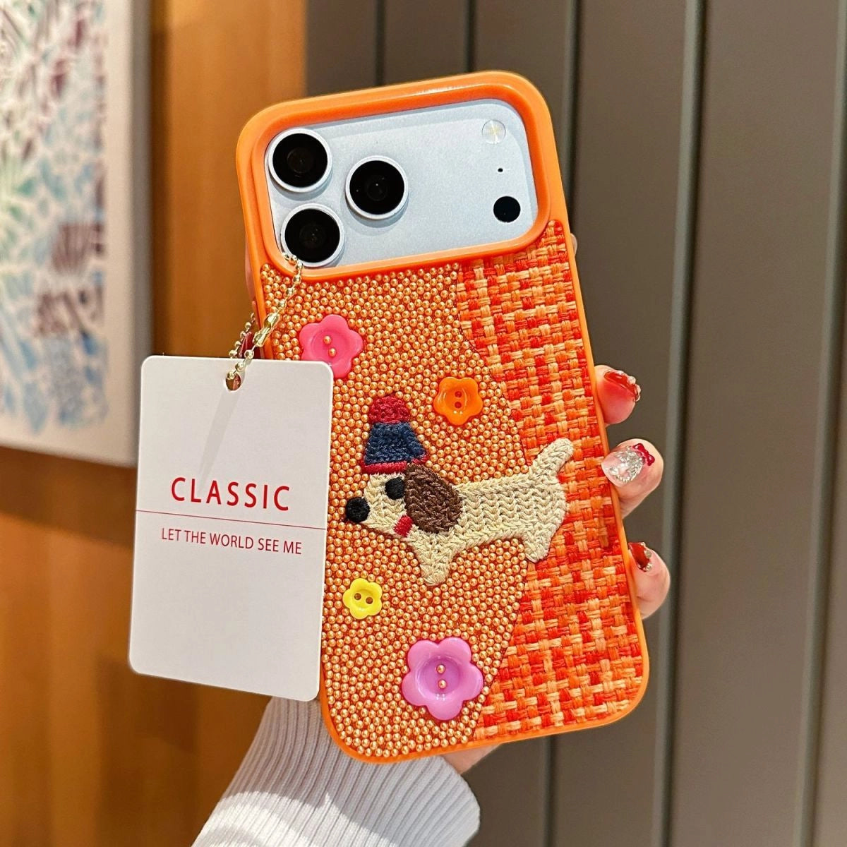Tweed plaid embroidered puppy phone case by TRLab Shop featuring a cute puppy design and durable material.