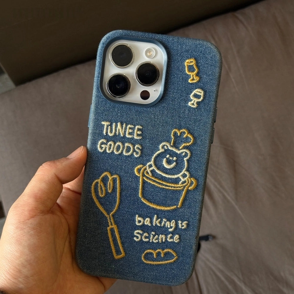 Chef Bear embroidered phone case by TRLab Shop featuring a cute bear design with detailed embroidery on a protective cover.