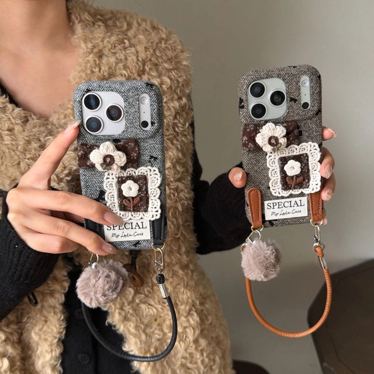 White flower embroidered phone case with intricate floral design, compatible with smartphones, from TRLab Shop.