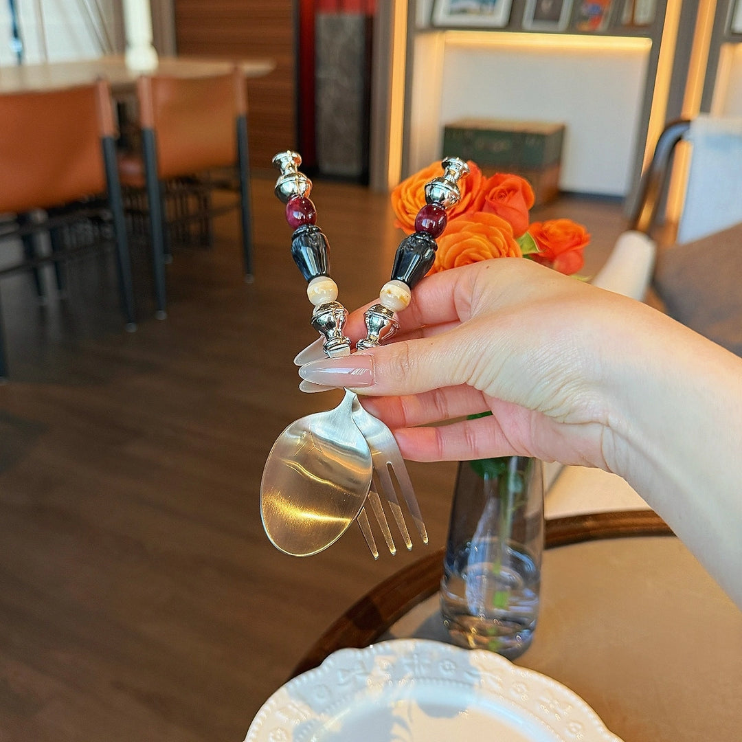 Midnight Sesame & Black Cherry Beads Stainless Steel Spoon & Fork