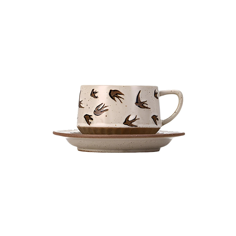 Retro floral ceramic coffee cup and saucer set by TRLab Shop, featuring colorful vintage-inspired design and smooth ceramic finish.