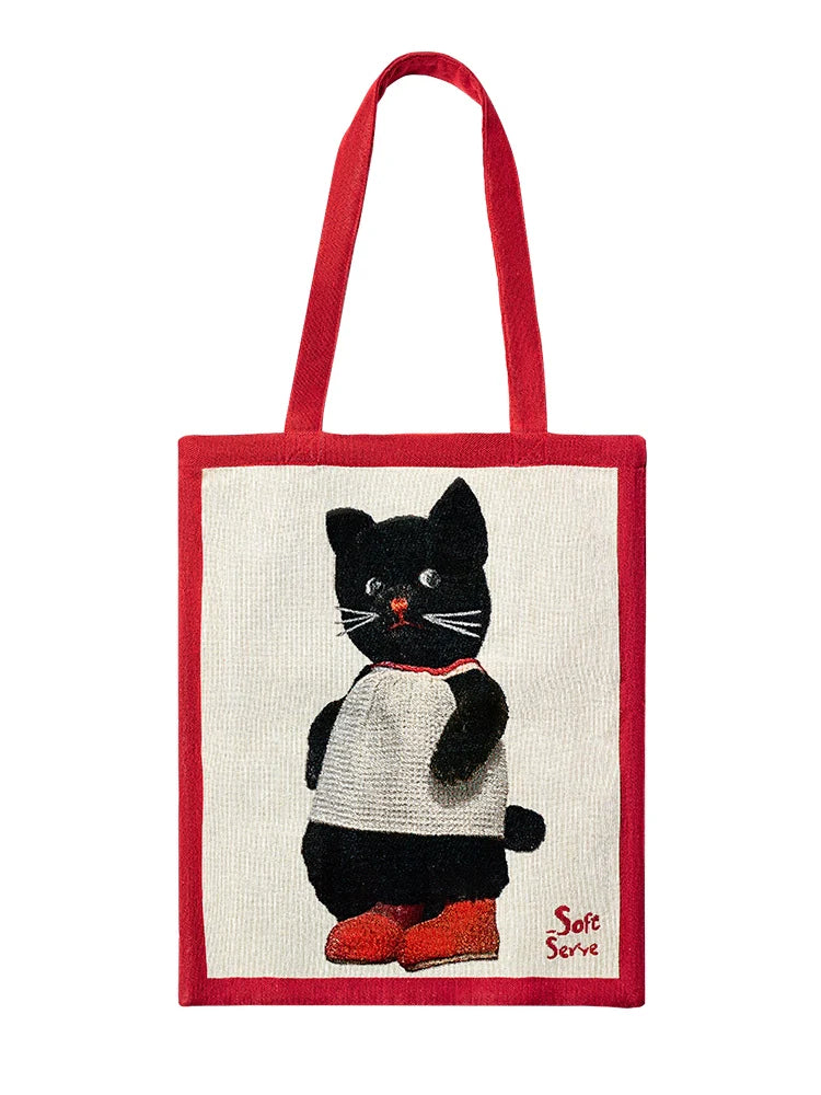 Black Cat & Puppy Woven Canvas Tote Bag - TRLab Shop