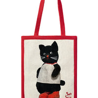 Black Cat & Puppy Woven Canvas Tote Bag
