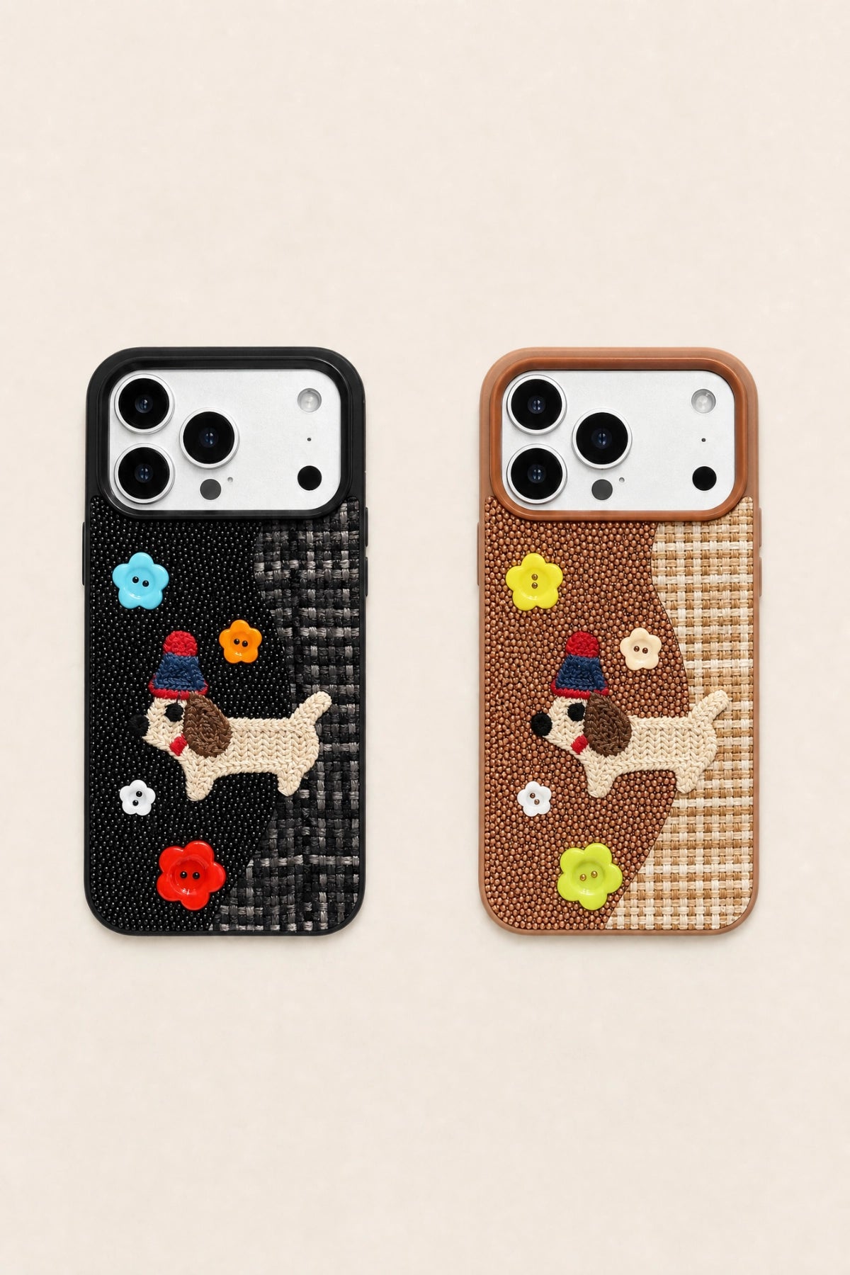Tweed plaid embroidered puppy phone case with colorful dog design, compatible with smartphones, by TRLab Shop.