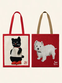 Black cat and puppy woven canvas tote bag by SoftServe, showcasing a spacious fashion bag with playful animal print design.