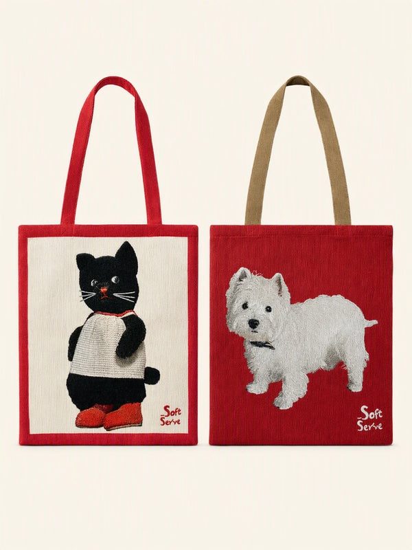 Black Cat & Puppy Woven Canvas Tote Bag