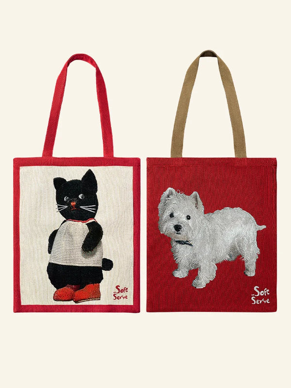 Black Cat & Puppy Woven Canvas Tote Bag - TRLab Shop