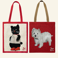 Black Cat & Puppy Woven Canvas Tote Bag