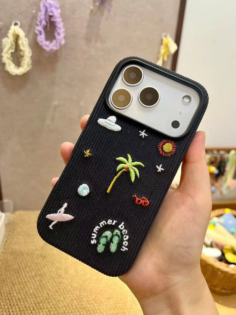 Embossed embroidered beach phone case with floral design, compatible with smartphones, by TRLab Shop.