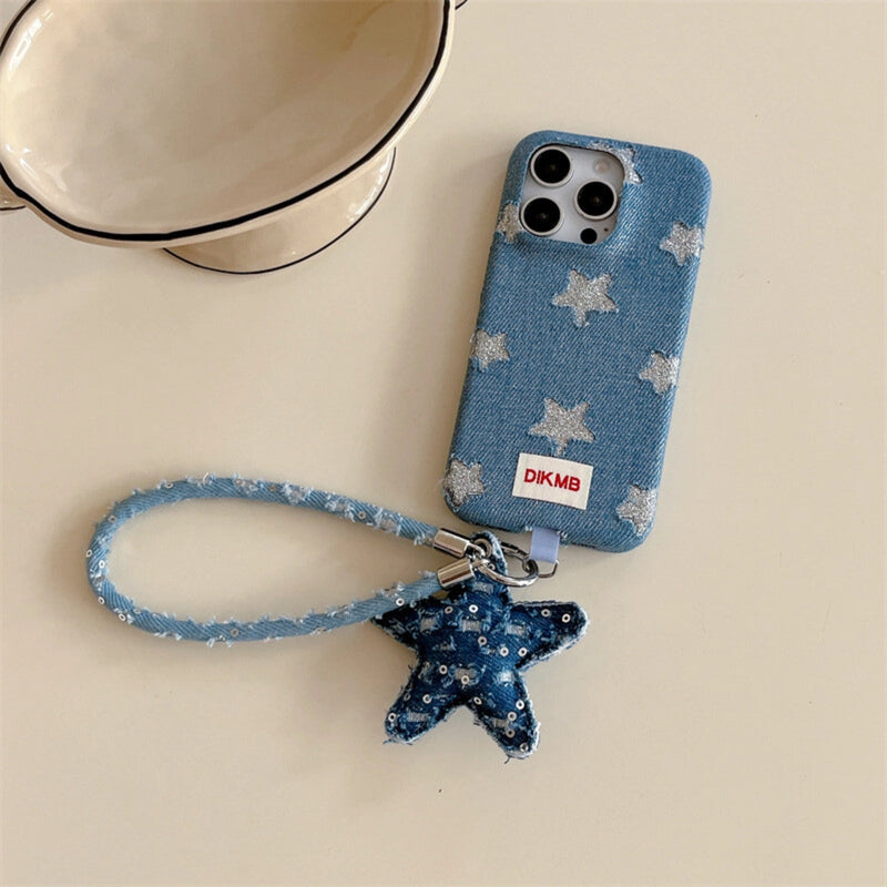 Shimmering Starlight denim phone case by TRLab Shop featuring a glittery star pattern and durable denim material.