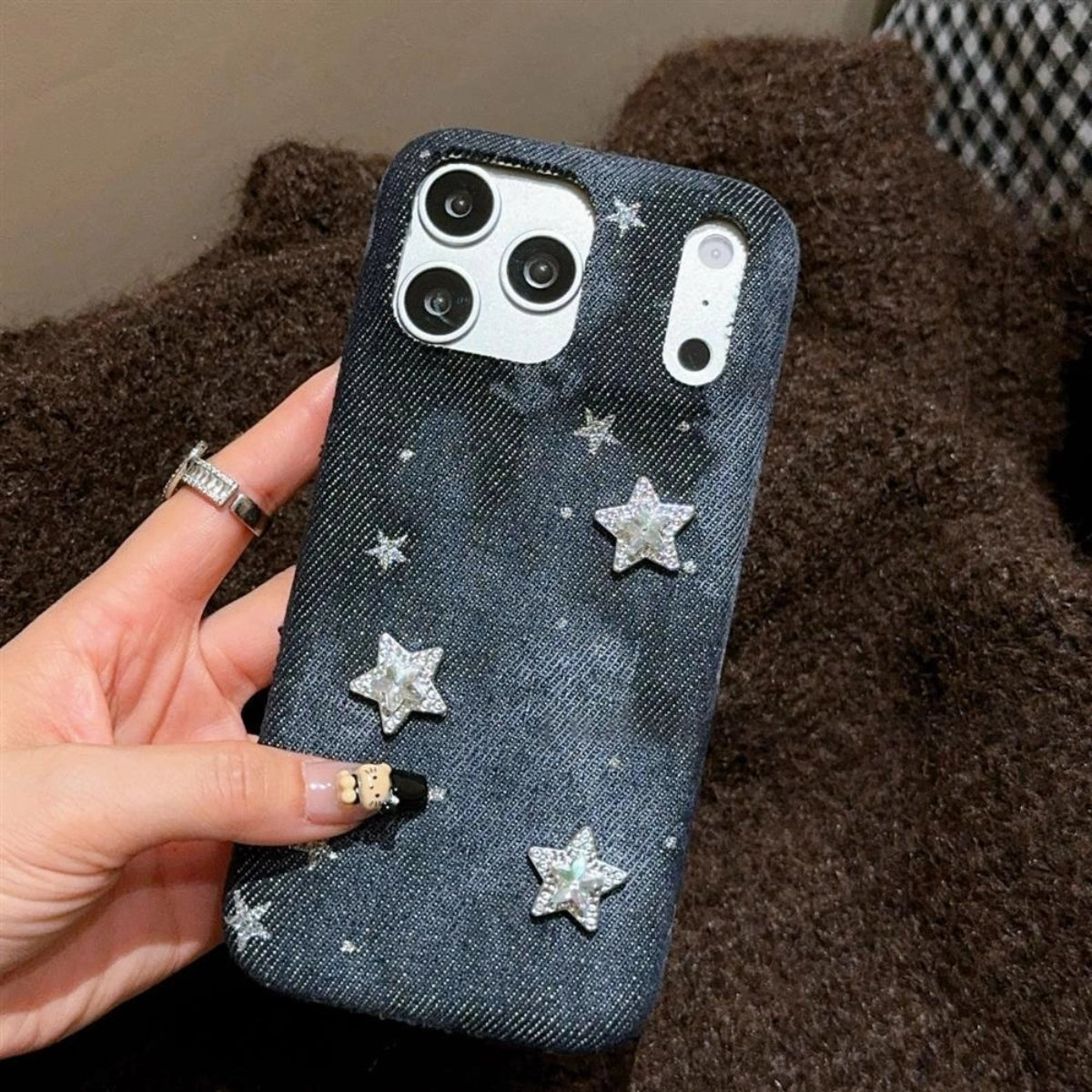 Starry Night denim phone case by TRLab Shop featuring a dark blue denim design with starry night sky pattern.