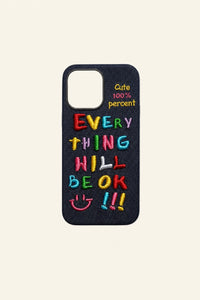 Colorful embroidered phone case with letter designs, featuring vibrant thread details and protective edges.