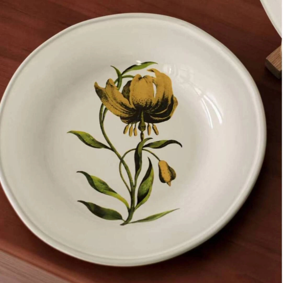 Decorative floral ceramic plate with colorful flower pattern, round dish from TRLab Shop for home decor or serving.