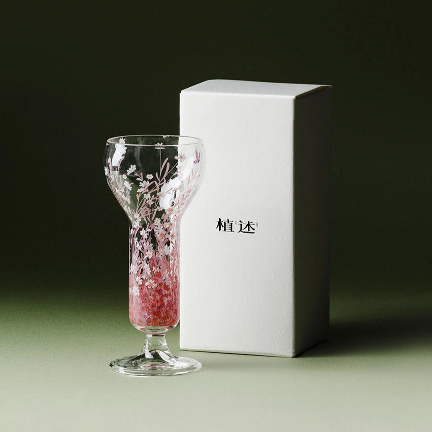 Pink Sakura Blossom glassware from TRLab Shop, featuring a delicate pink floral design on clear glass for elegant drinking.
