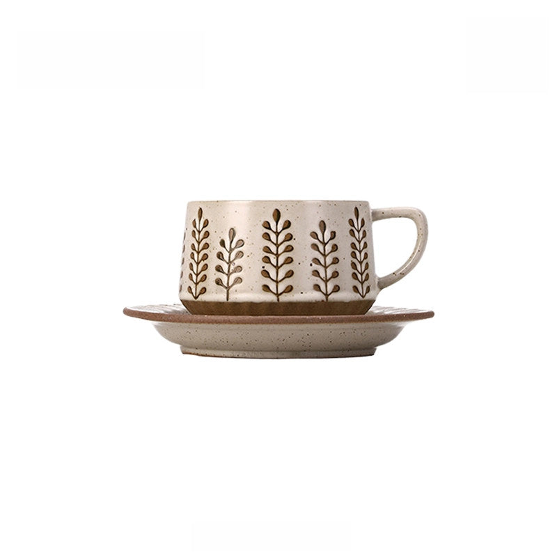 Retro floral ceramic coffee cup and saucer set with colorful floral pattern, by TRLab Shop, perfect for serving coffee.
