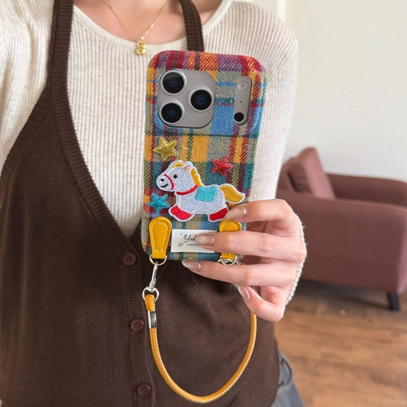 Plaid Pony embroidered phone case with colorful plaid pattern and embroidered pony design for iPhone or Android.