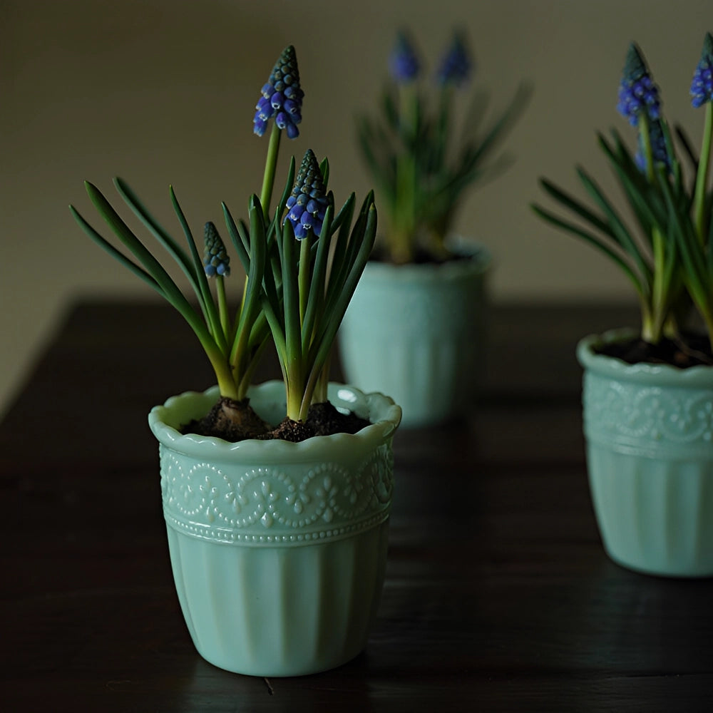 Elegant milk glass embossed vase with floral patterns, showcasing intricate design and smooth finish from TRLab Shop.