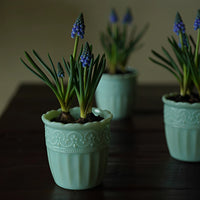 Elegant milk glass embossed vase with floral patterns, showcasing intricate design and smooth finish from TRLab Shop.