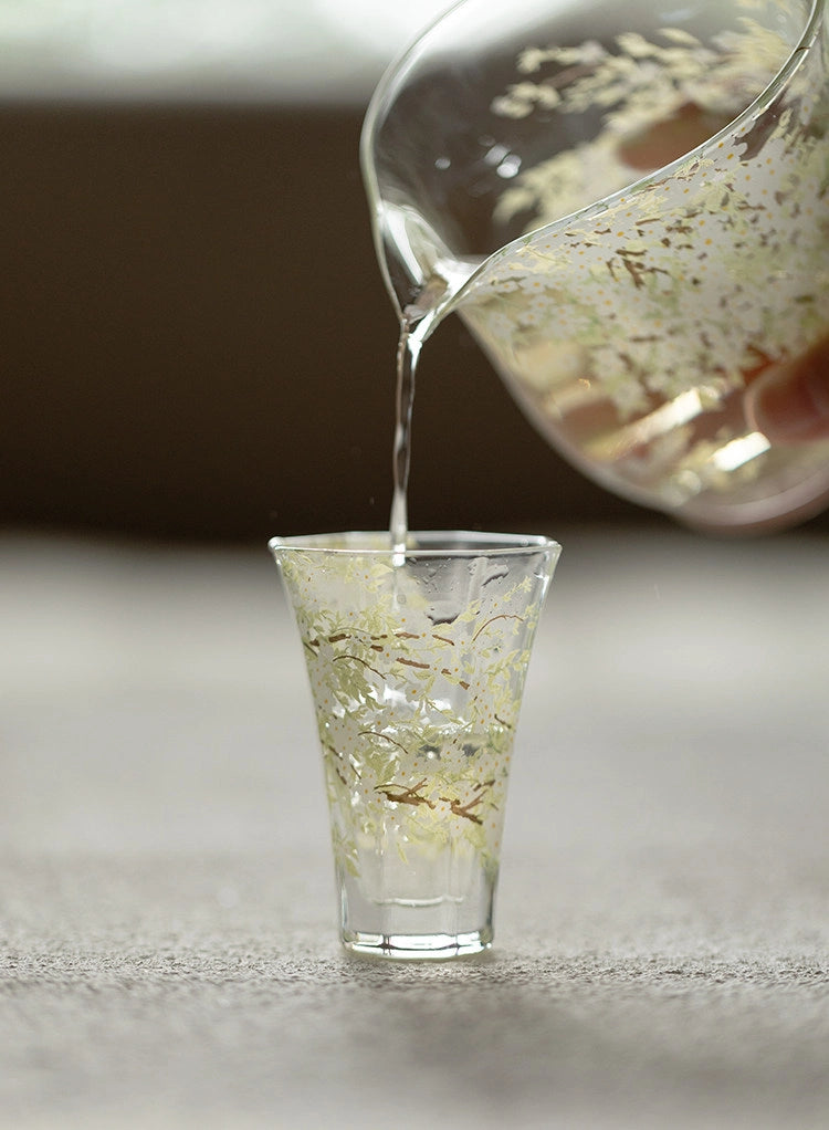 Pear-blossom design hexagonal glass tumbler by TRLab Shop, clear with floral pattern, perfect for beverages.