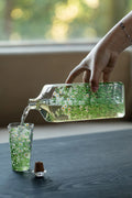 Fresh daisies design on TRLab Shop glass cold brew bottle with a sleek, transparent glass body and a secure lid.