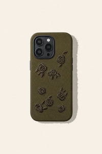 Green rose embroidered phone case by TRLab Shop showing detailed floral embroidery on a sleek protective cover.