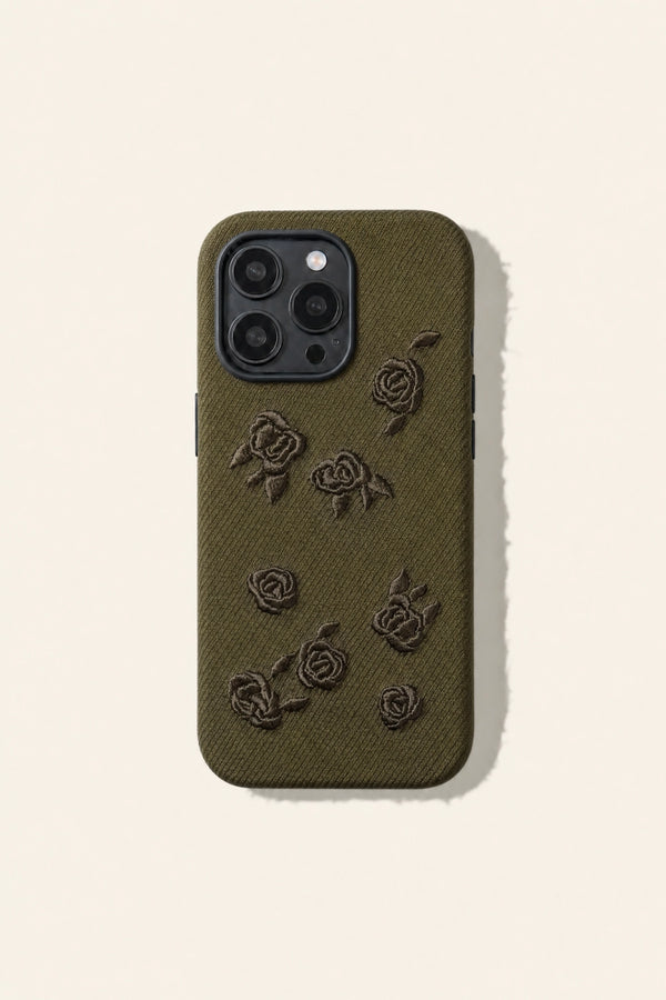 Green rose embroidered phone case by TRLab Shop showing detailed floral embroidery on a sleek protective cover.