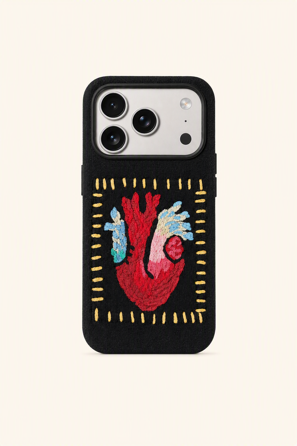Hand-Embroidered Heart Fabric MagSafe Phone Case