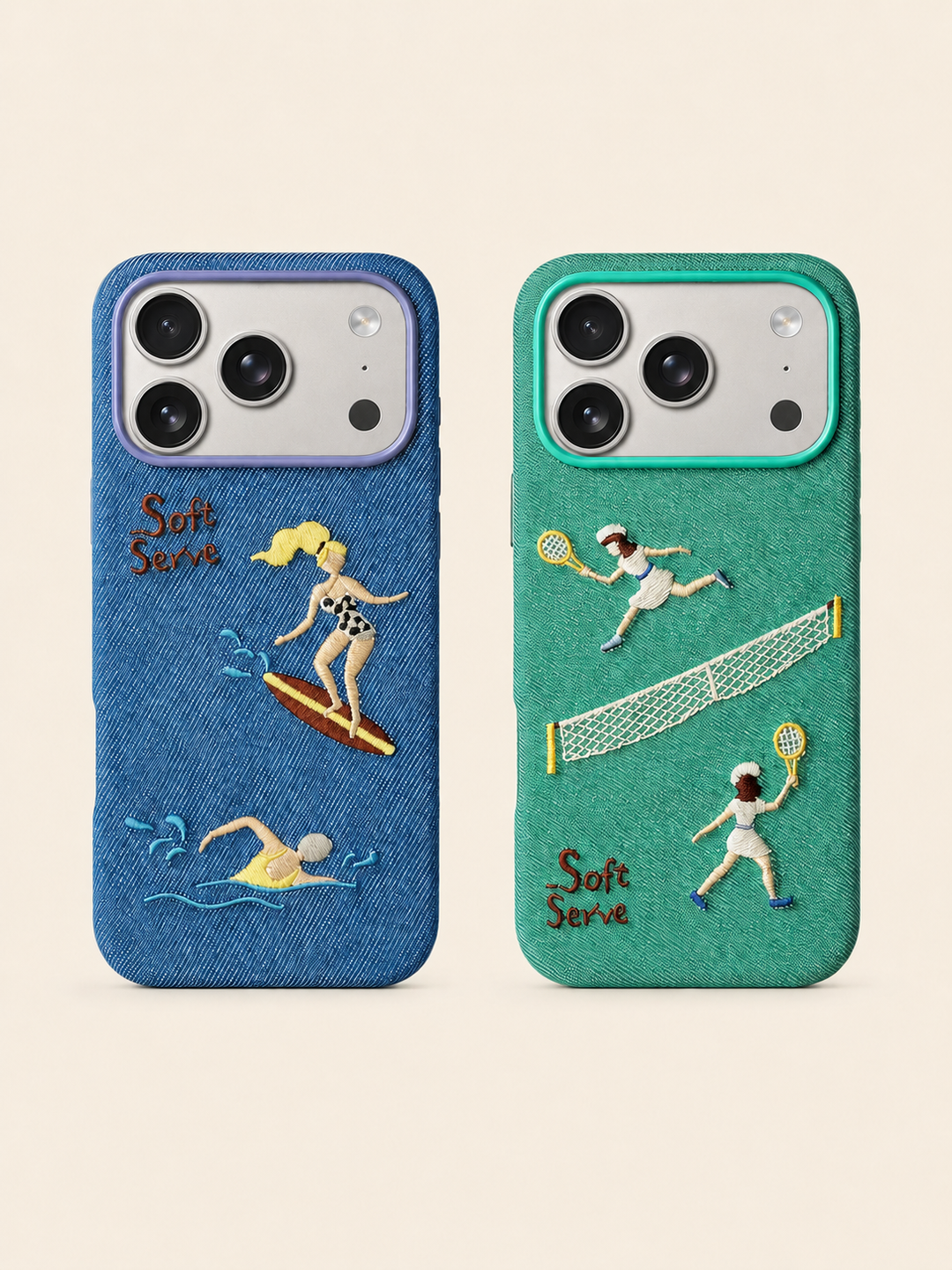 SoftServe Surf & Tennis embroidered MagSafe phone case with colorful embroidered design on a protective case.