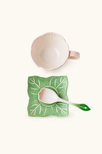 Ceramic Pink Begonia Cup & Saucer Set And Spoon