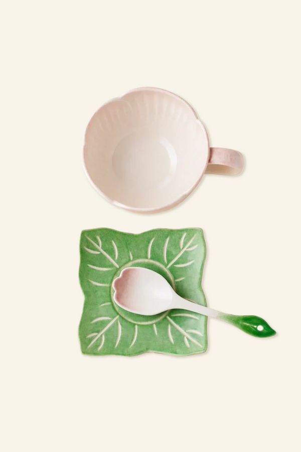 Ceramic Pink Begonia Cup & Saucer Set And Spoon