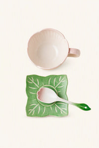 Ceramic pink begonia cup and saucer set with matching spoon, elegant pink floral drinkware by TRLab Shop.