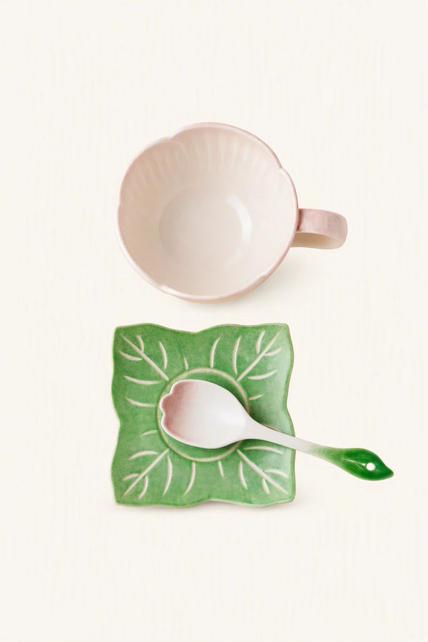 Ceramic Pink Begonia Cup & Saucer Set And Spoon