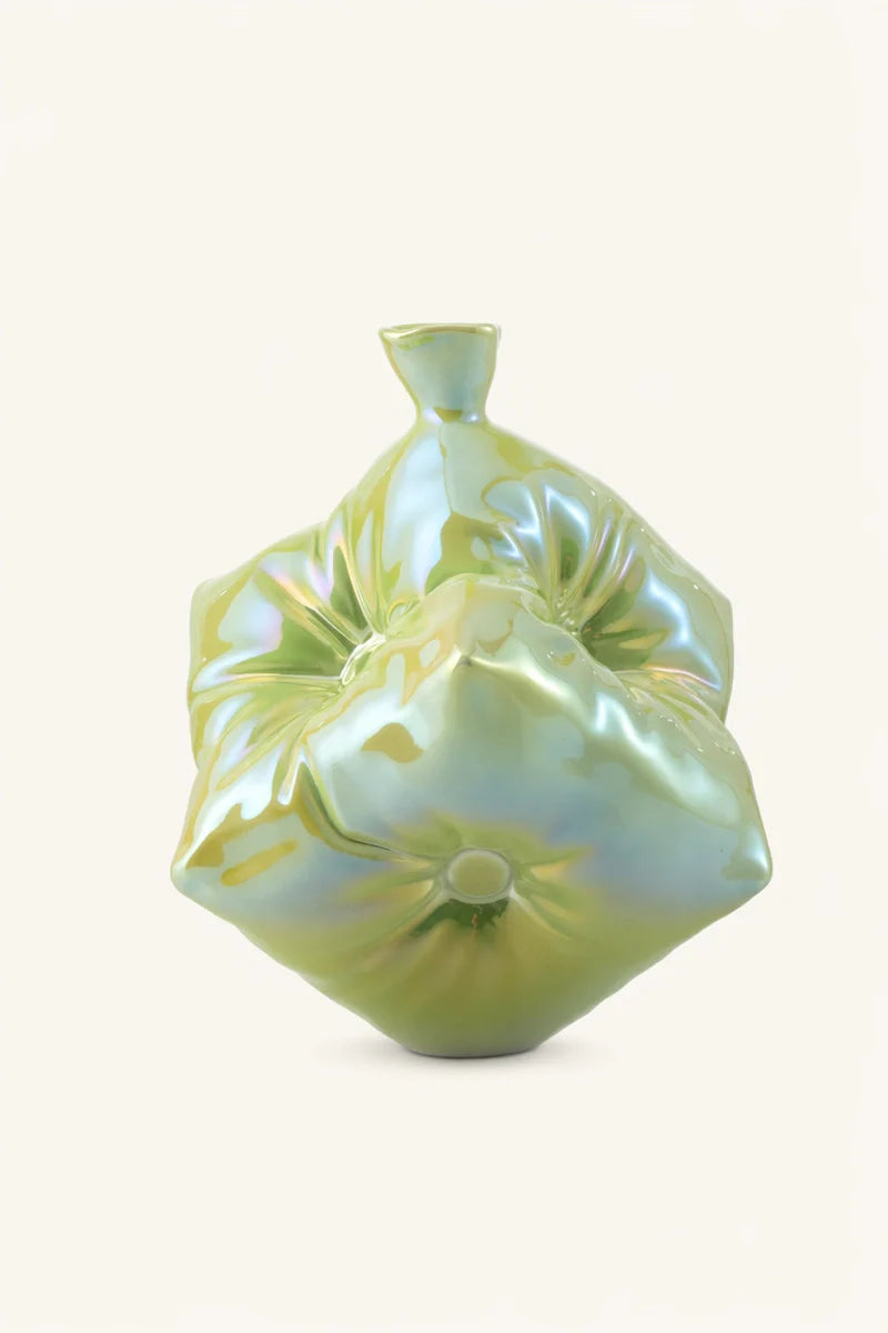Yifan Renxu Studio ceramic art dice pillow-shaped vase with intricate geometric patterns and a glossy finish.