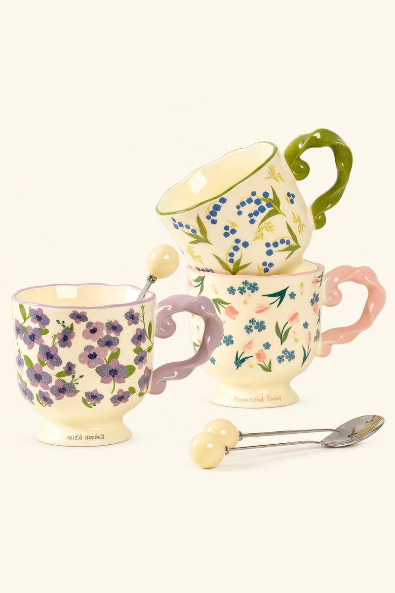 Floral Twisted-Handle Ceramic Mug