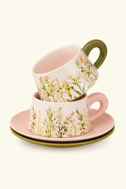 Fresh Floral Ceramic Coffee Cup & Saucer Set