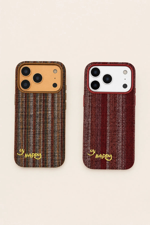 Embroidered phone case with colorful happy letters design by TRLab Shop, protective cover for smartphone, vibrant and cheerful style
