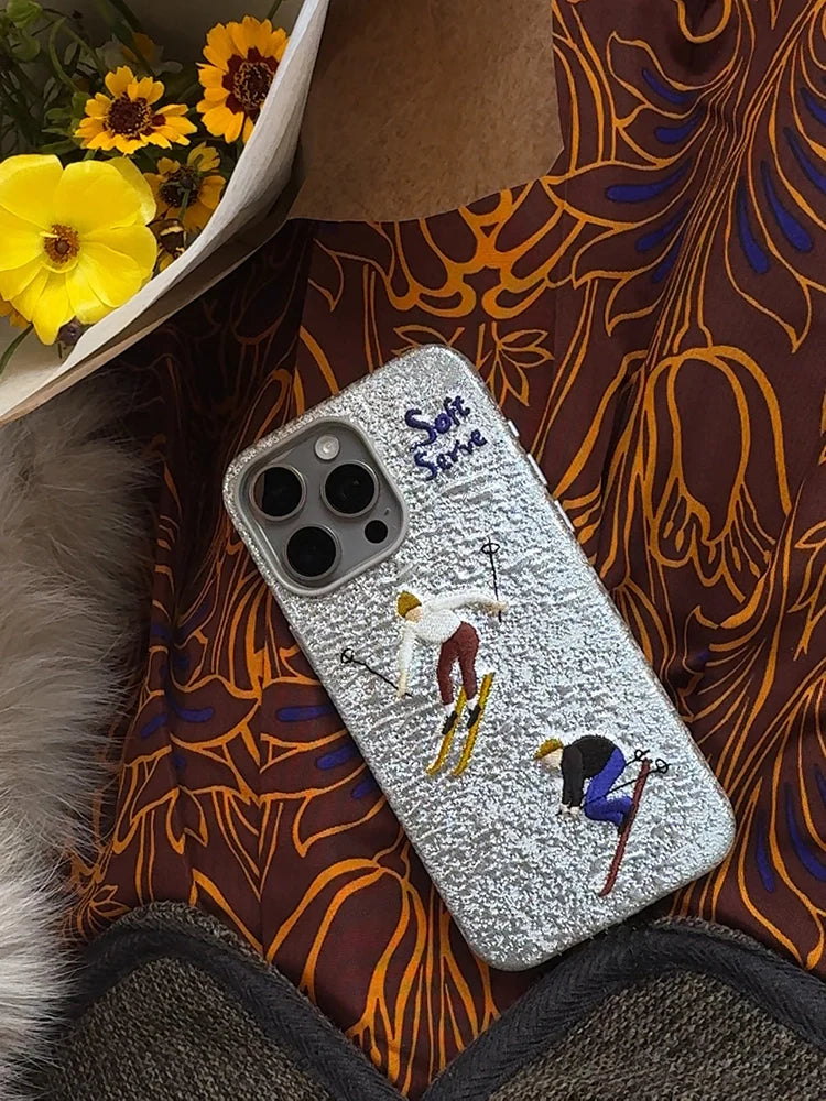 Skiing & Walking Puppy Embroidered Phone Case - TRLab Shop