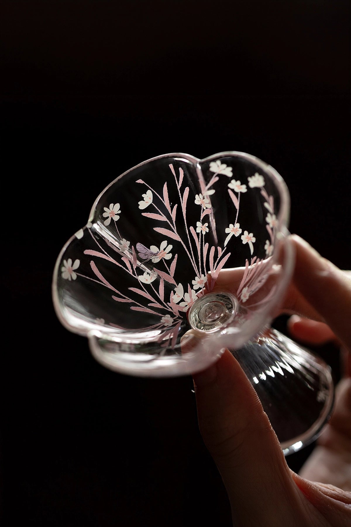 Pink Sakura Blossom glassware from TRLab Shop featuring delicate cherry blossom designs on clear glass.