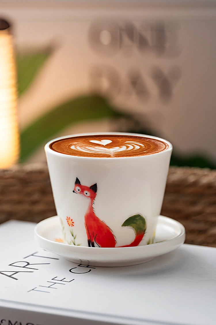 Red Fox ceramic tumbler with detailed fox illustration, perfect for hot or cold beverages, by TRLab Shop.
