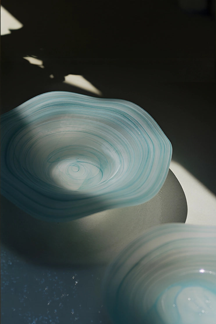 Teal wavy rim glass matte plate with textured surface, elegant and modern dinnerware by TRLab Shop.