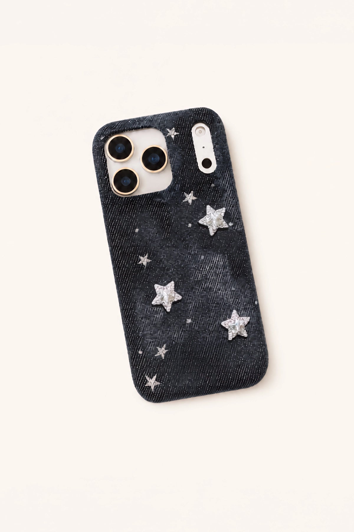 Starry Night denim phone case by TRLab Shop featuring a dark blue denim fabric with starry night pattern design.
