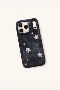 Starry Night denim phone case by TRLab Shop featuring a dark blue denim fabric with starry night pattern design.