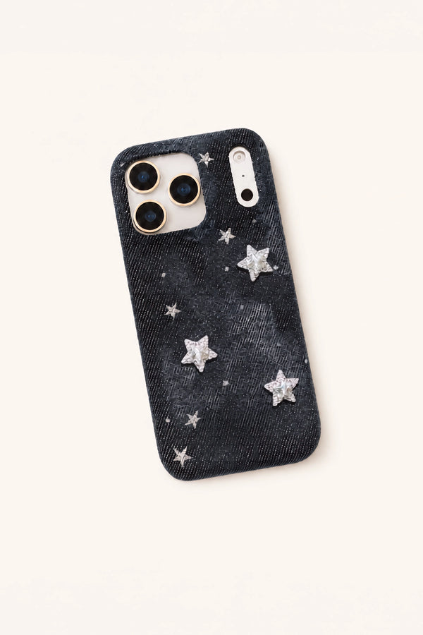 Starry Night denim phone case by TRLab Shop featuring a dark blue denim fabric with starry night pattern design.