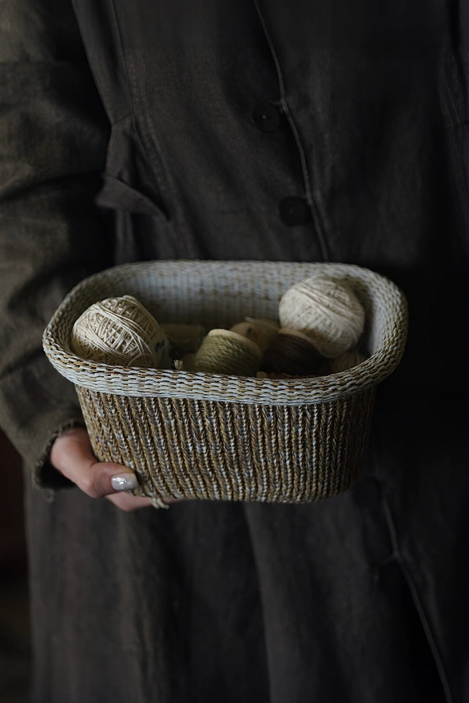 TRLab Shop yarn knitting basket with handles, designed for storing knitting supplies and yarn, made of woven material.