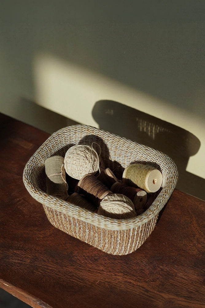 TRLab Shop yarn knitting basket holding colorful yarn balls and knitting supplies, perfect for organizing knitting projects.