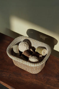 TRLab Shop yarn knitting basket holding colorful yarn balls and knitting supplies, perfect for organizing knitting projects.